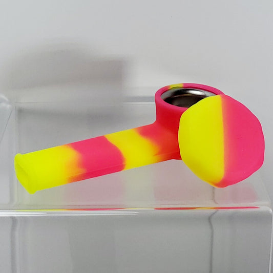 4" Silicone Pipe with Metal Bowl and Lid - Pink Yellow